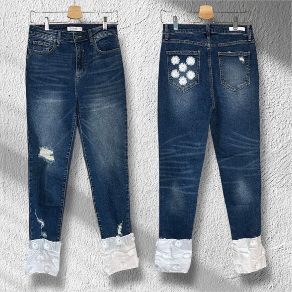 REWORKED Cello Embroidered Cuffed Distressed Jeans Size 7/M - Picture 1 of 8